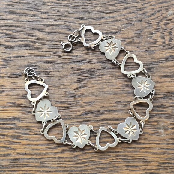 Vintage 1970s sterling silver Starburst Heart-link bracelet - Picture 1 of 6